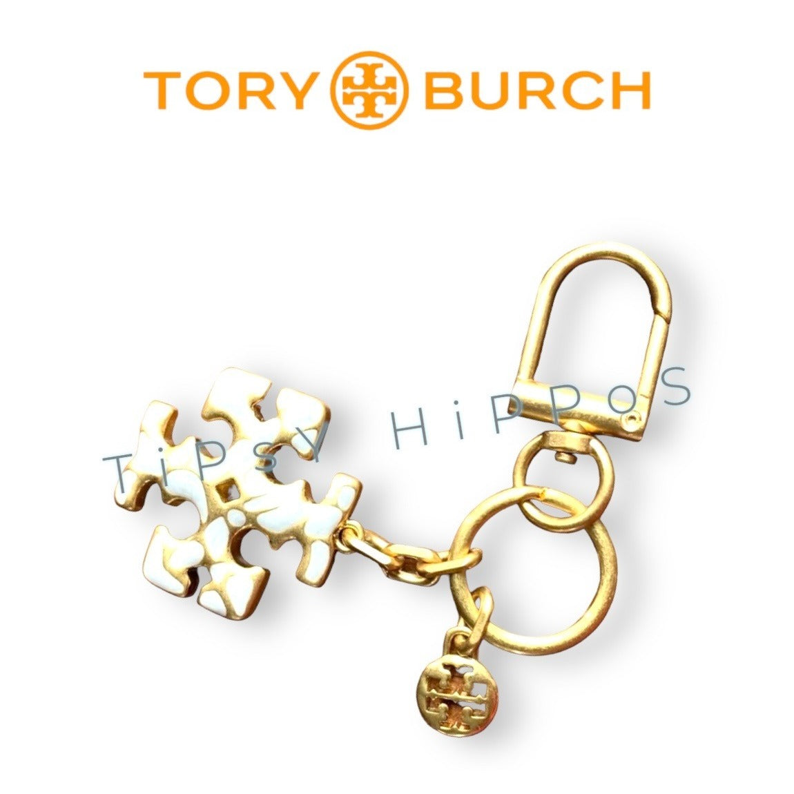 Tory Burch Gold & White Enamel Keychain - Sophisticated Bling For Your Keys
