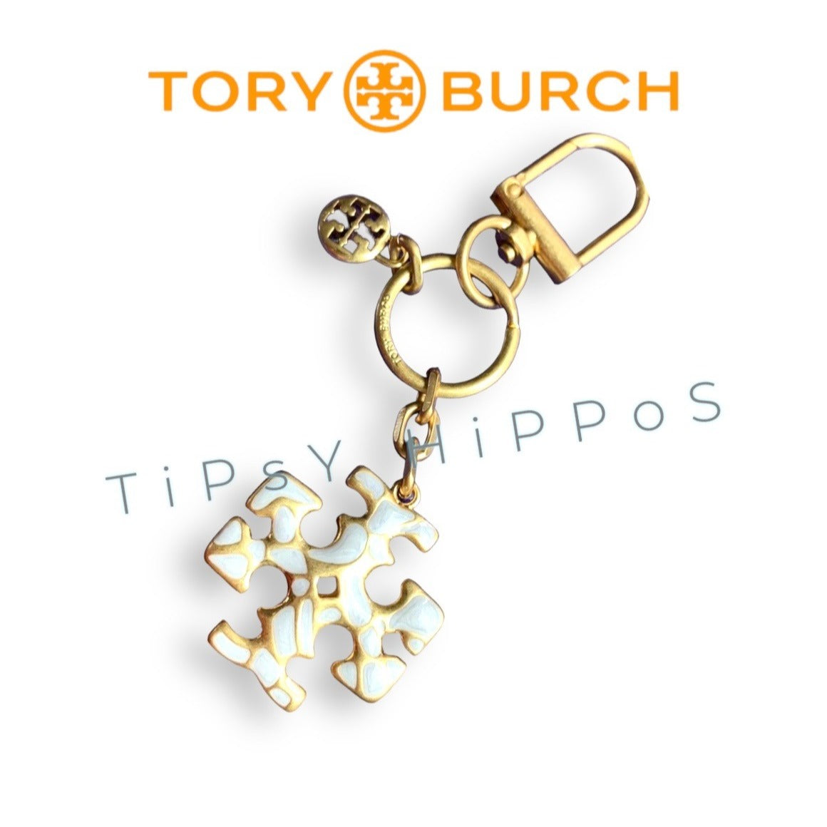 Tory Burch Gold & White Enamel Keychain - Sophisticated Bling For Your Keys