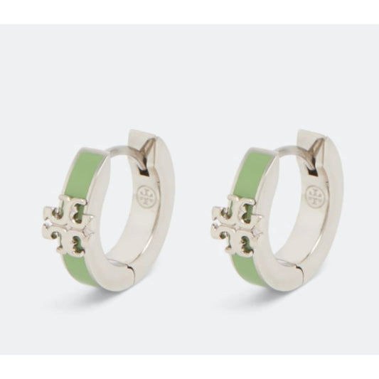Tory Burch Kira Silver and Green Enamel Huggie Earrings