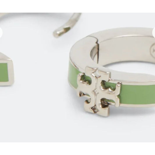 Tory Burch Kira Silver and Green Enamel Huggie Earrings