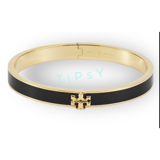 Tory Burch Kira Black & Gold Enamel Logo Hinged Bangle Bracelet