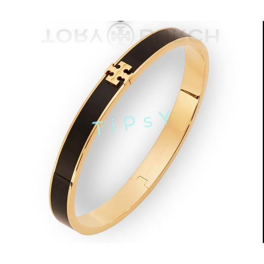 Tory Burch Kira Black & Gold Enamel Logo Hinged Bangle Bracelet