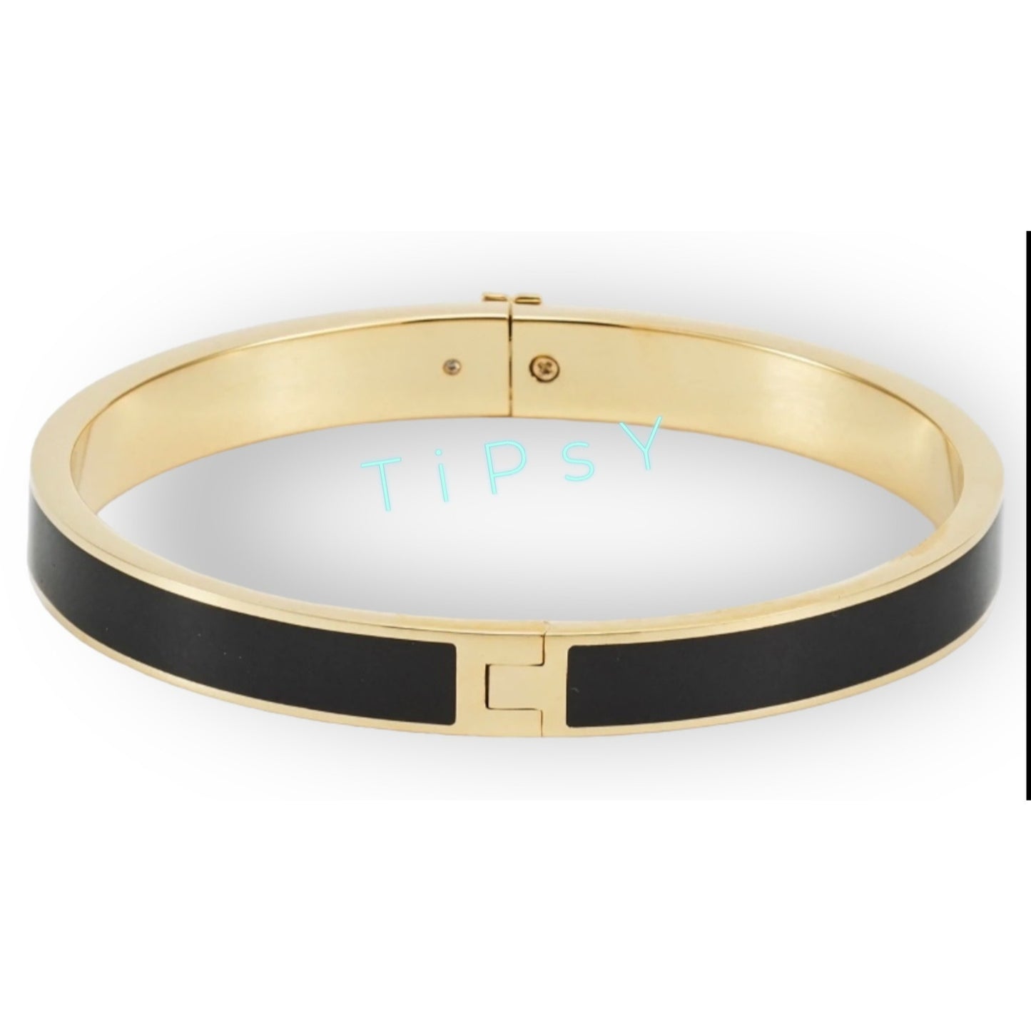 Tory Burch Kira Black & Gold Enamel Logo Hinged Bangle Bracelet