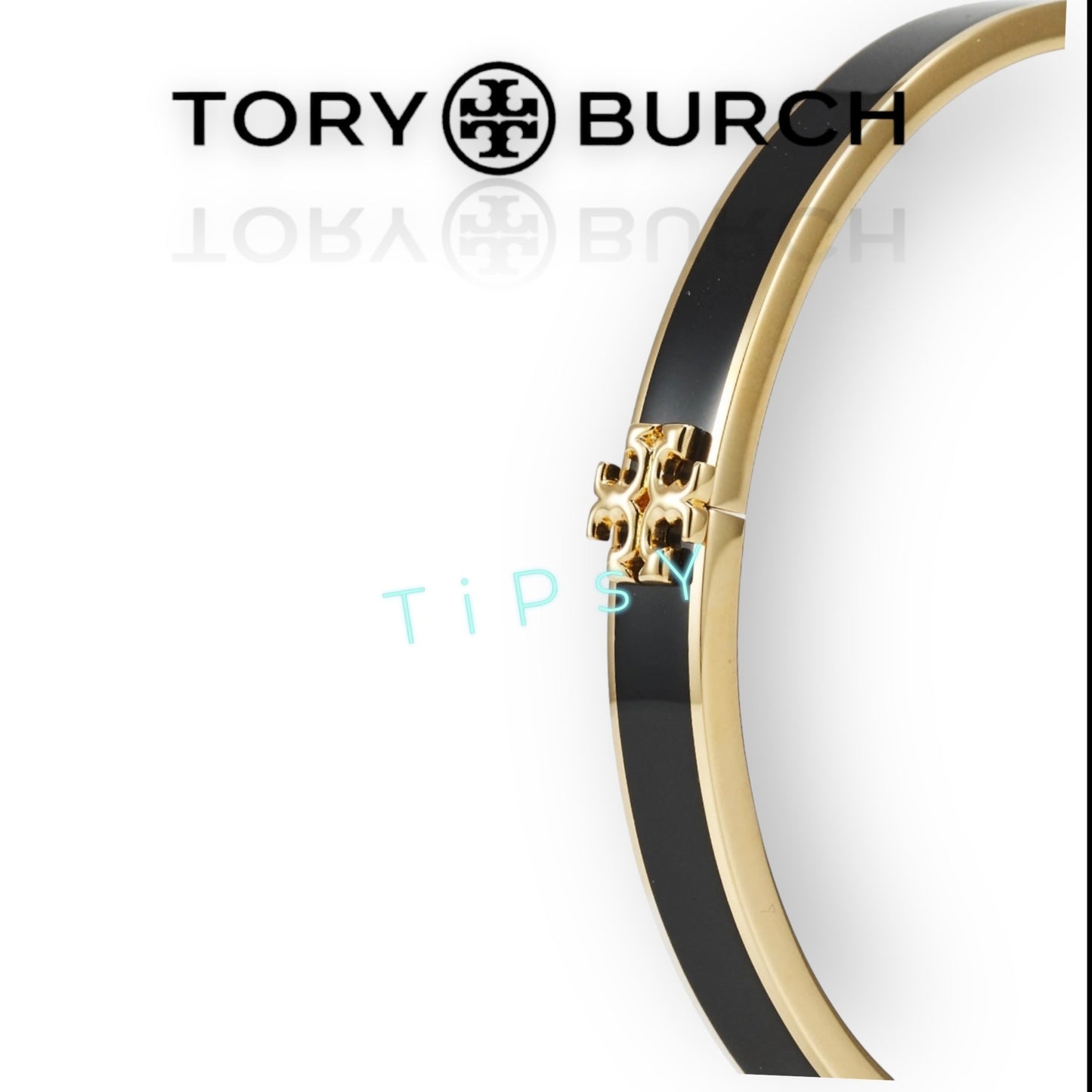 Tory Burch Kira Black & Gold Enamel Logo Hinged Bangle Bracelet