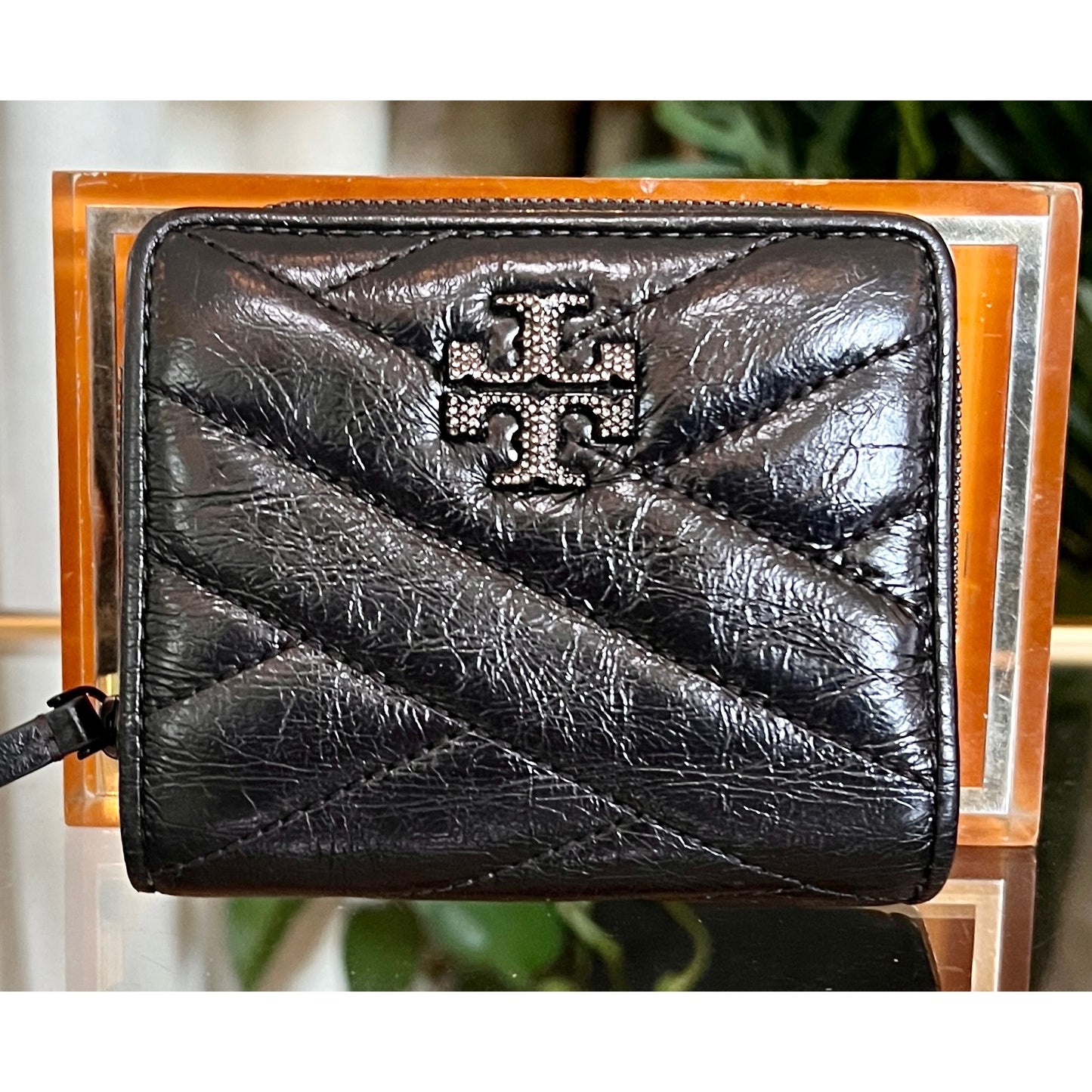 Tory Burch Black KIRA Quilted Leather Wallet With Zipper Closure & Logo Design