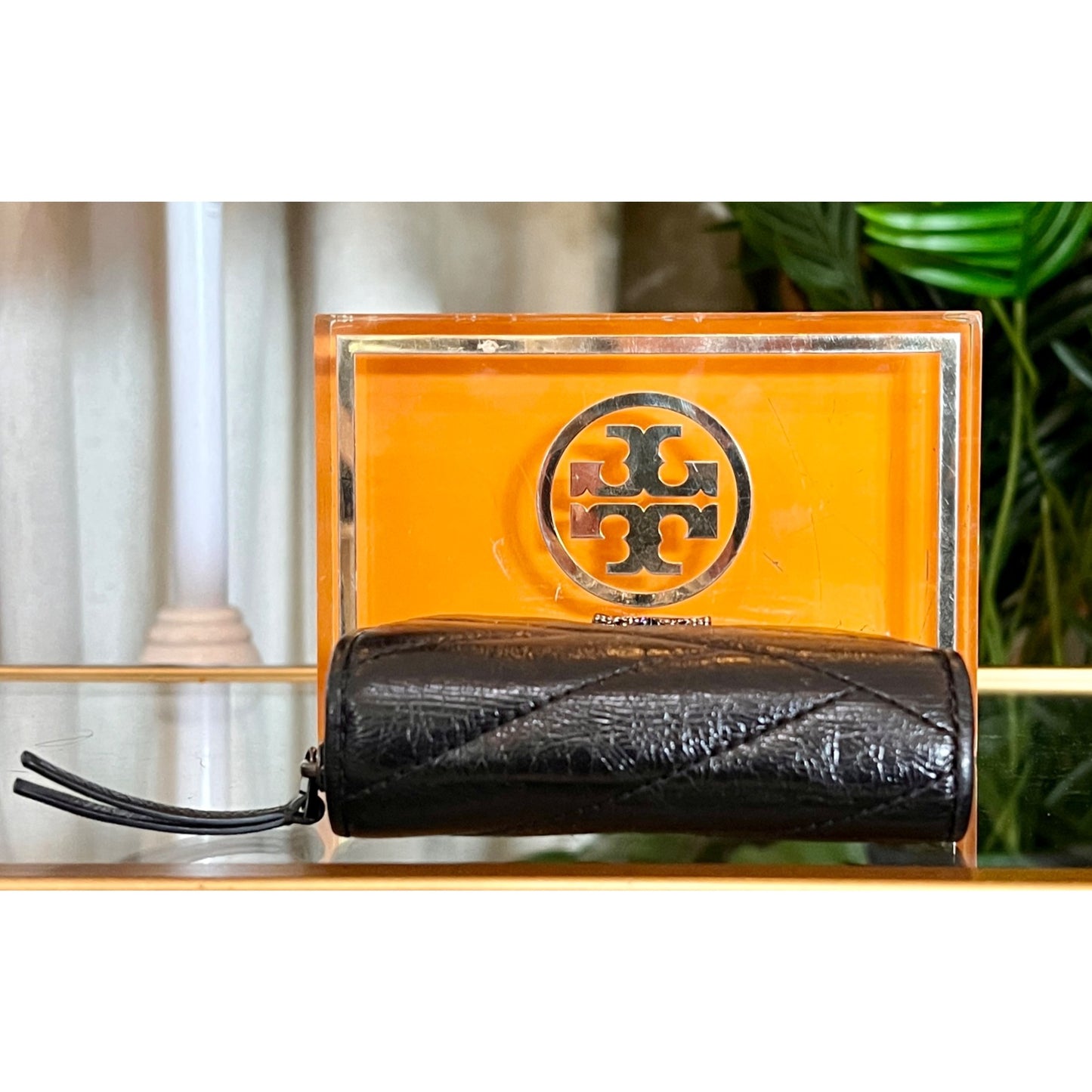 Tory Burch Black KIRA Quilted Leather Wallet With Zipper Closure & Logo Design