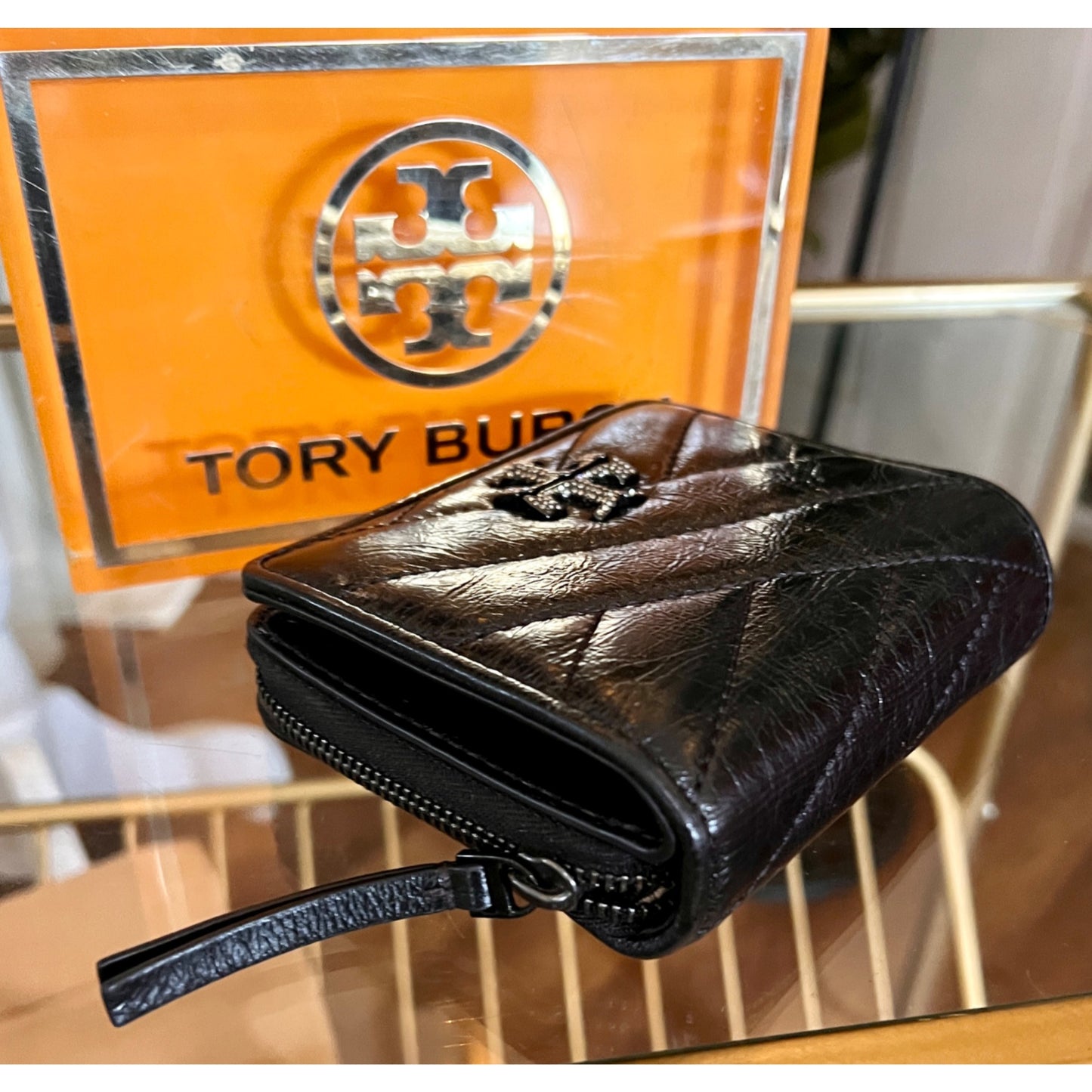 Tory Burch Black KIRA Quilted Leather Wallet With Zipper Closure & Logo Design
