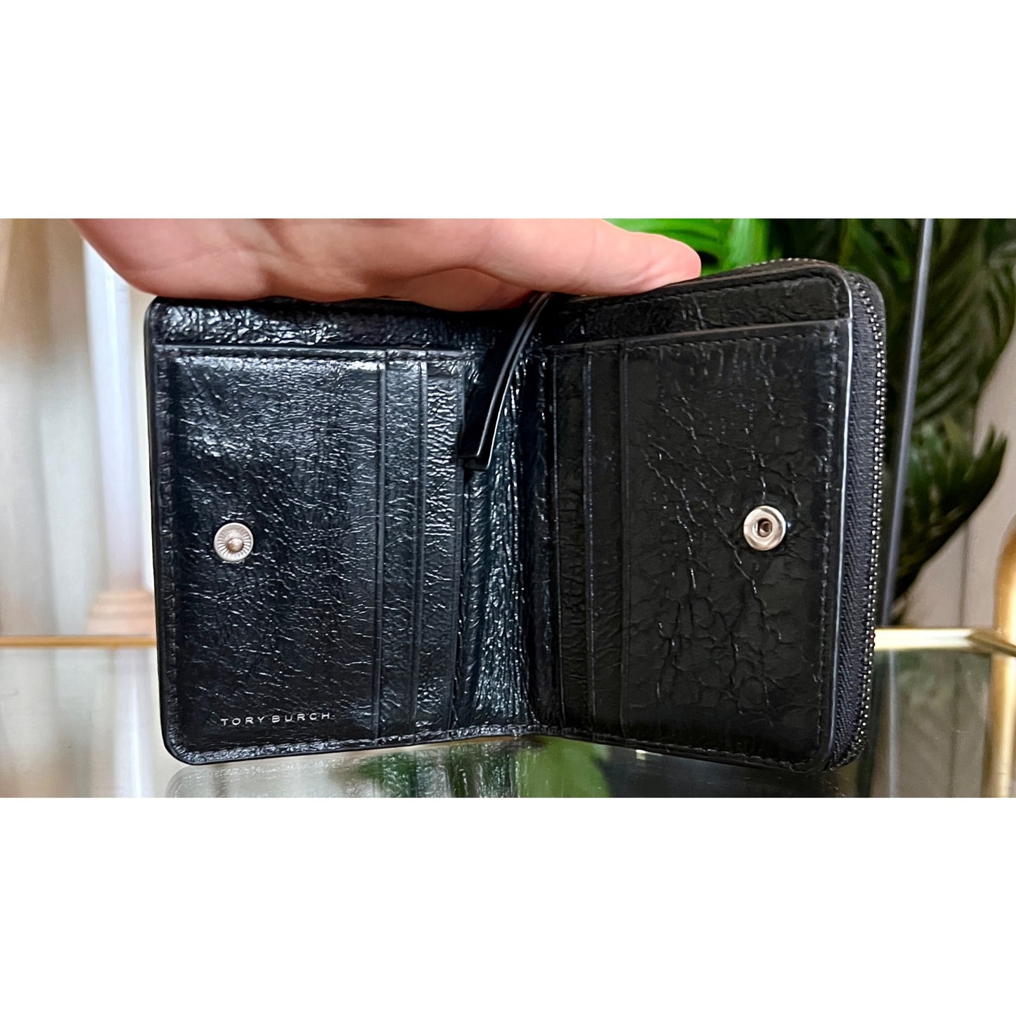 Tory Burch Black KIRA Quilted Leather Wallet With Zipper Closure & Logo Design