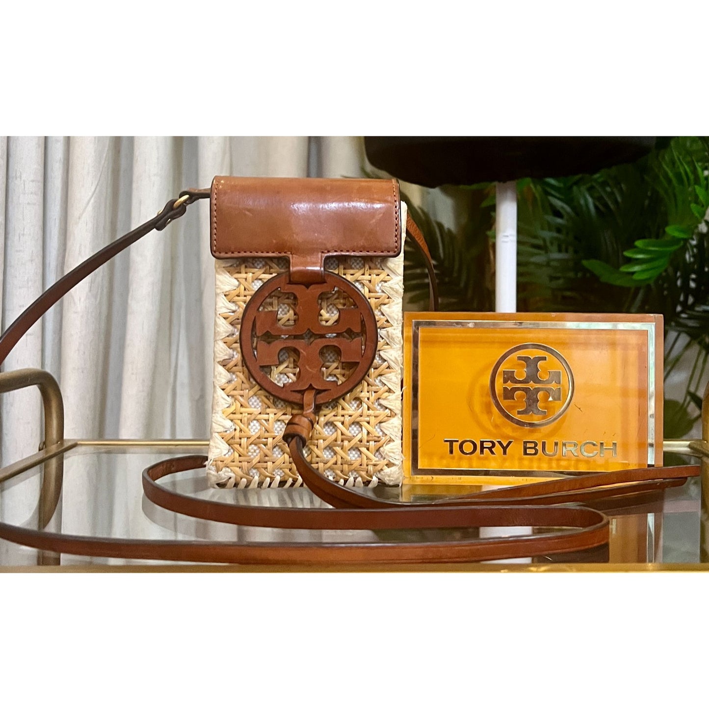 Tory Burch Woven Crossbody Bag With Leather Trim & Logo