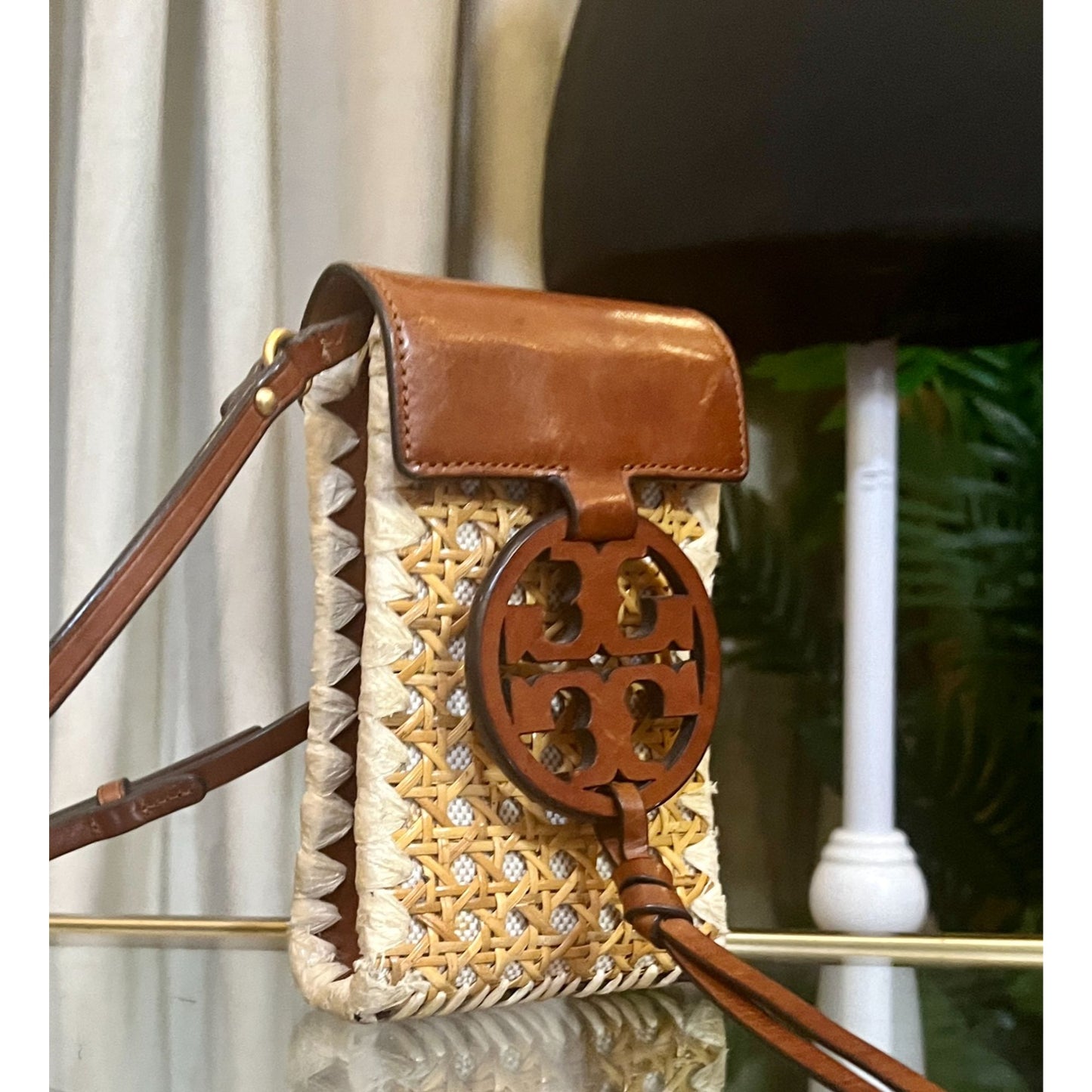 Tory Burch Woven Crossbody Bag With Leather Trim & Logo