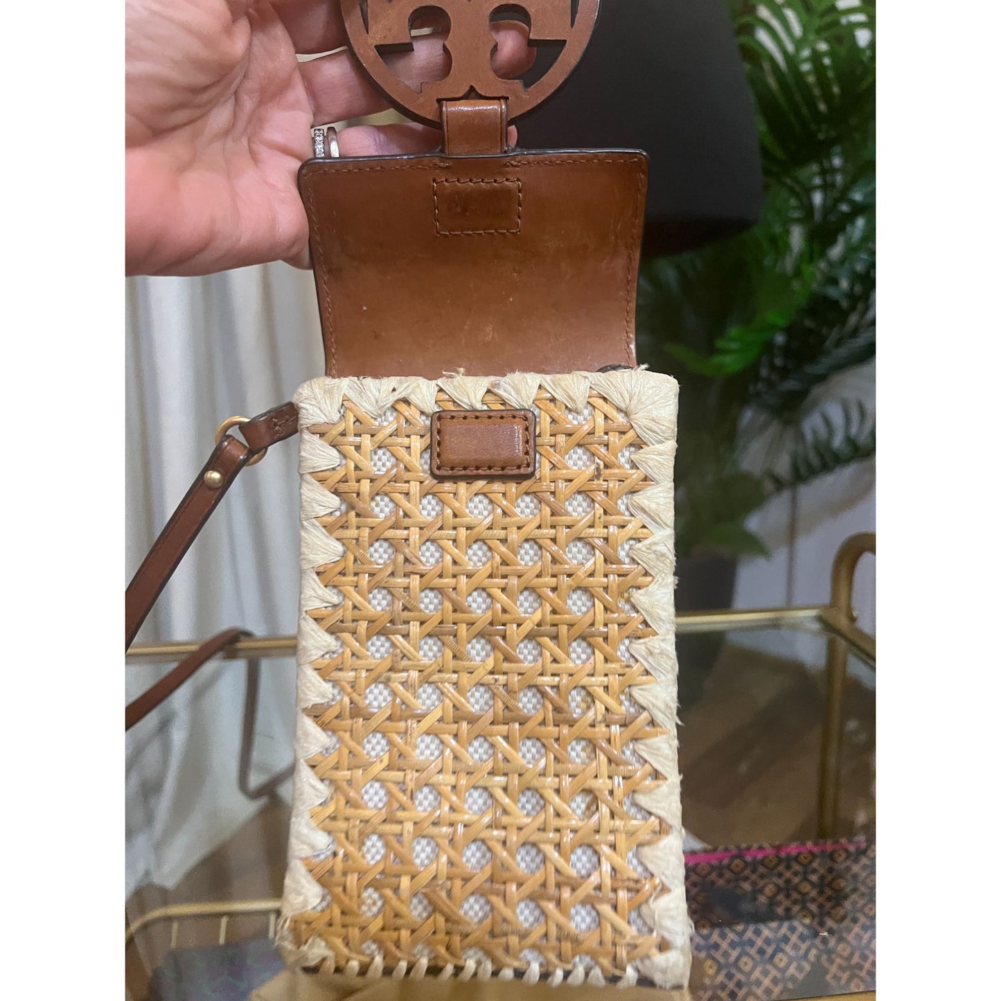 Tory Burch Woven Crossbody Bag With Leather Trim & Logo