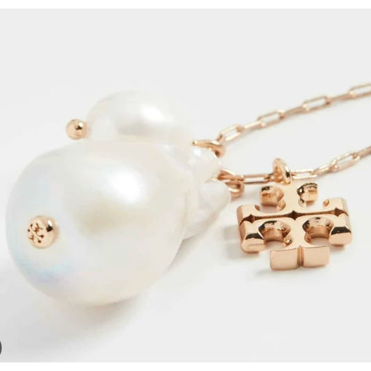 Tory Burch Kira Pearl and Gold Logo Drop Pendent Necklace
