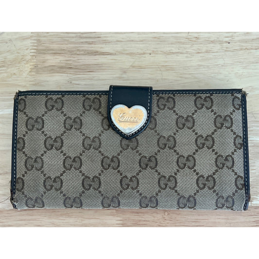 Gucci Brown GG Canvas & Leather Heart Clasp Wallet For Women