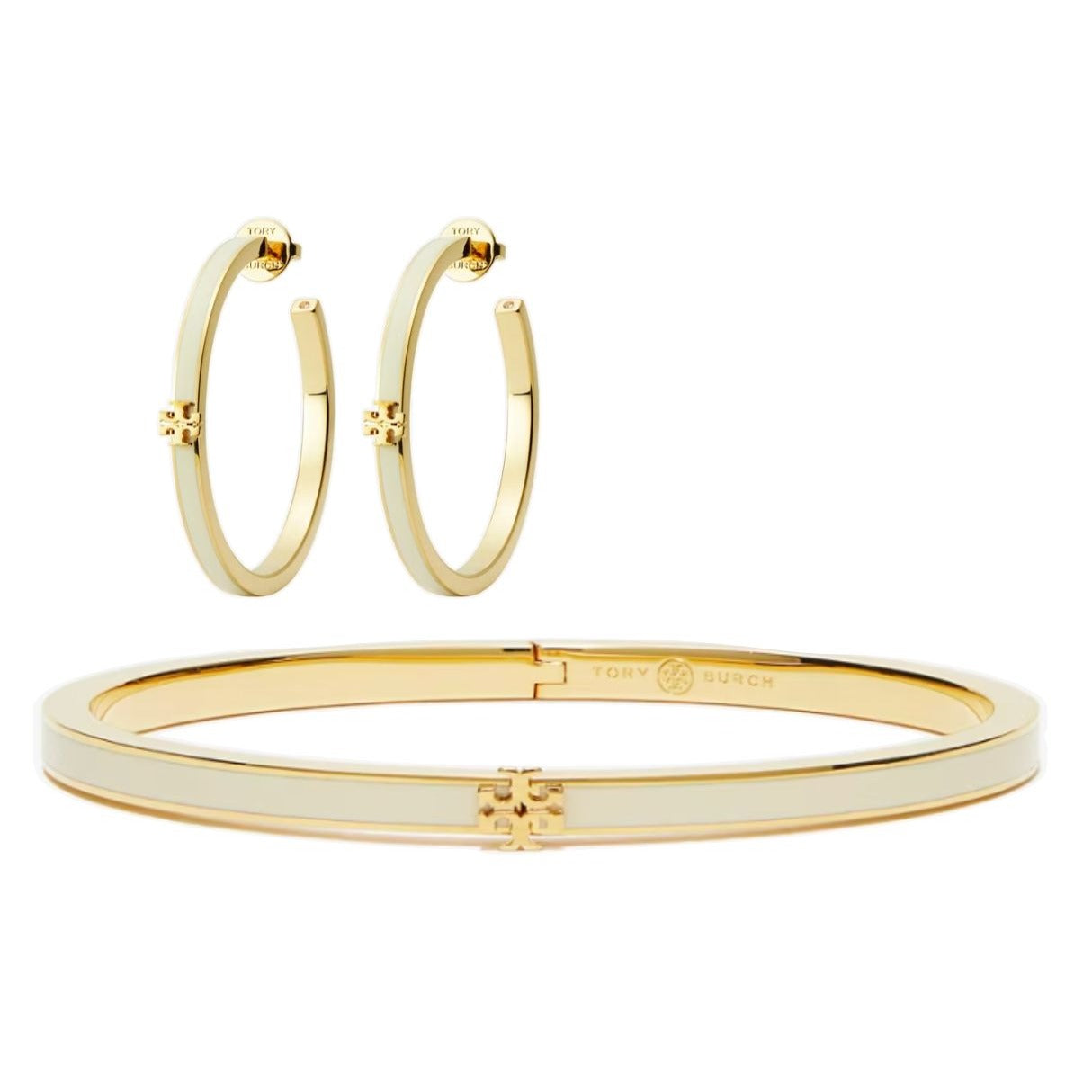 TORY BURCH WHITE AND GOLD KIRA ENAMEL BRACELET AND HOOP EARRING SET