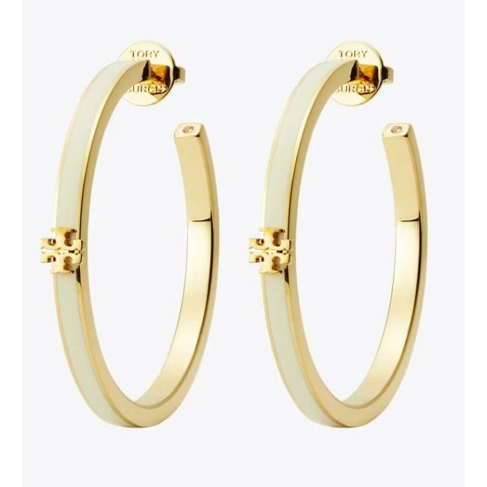 TORY BURCH WHITE AND GOLD KIRA ENAMEL BRACELET AND HOOP EARRING SET