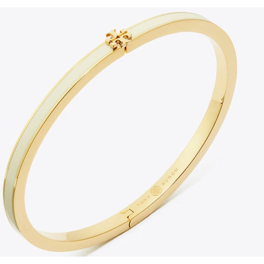 TORY BURCH WHITE AND GOLD KIRA ENAMEL BRACELET AND HOOP EARRING SET