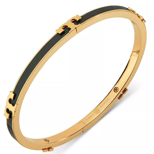 Tory Burch Black & Gold Enamel Serif Bangle Bracelet