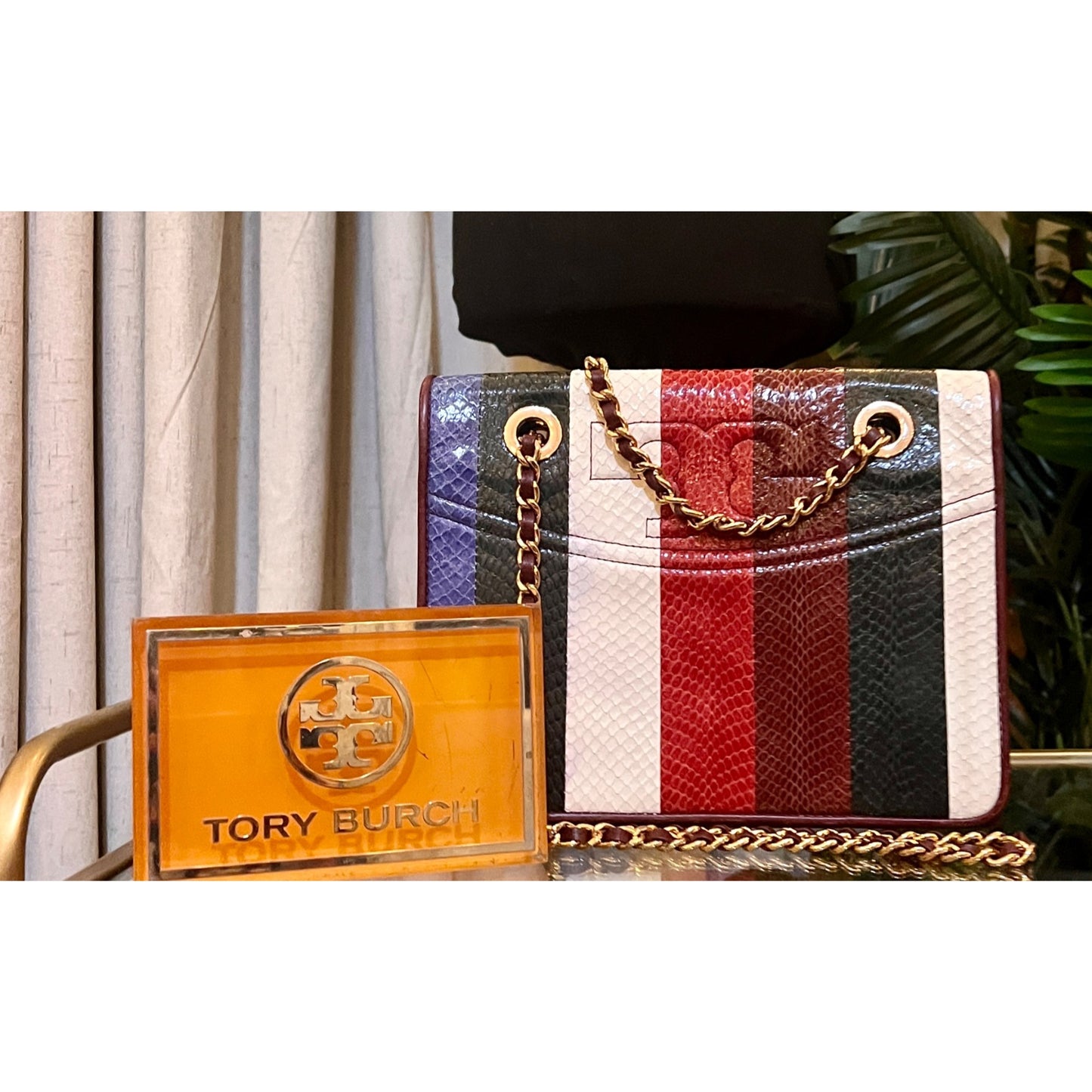 RARE!! Tory Burch Multi-Color Striped Fleming Python Chain Strap Shoulder Bag