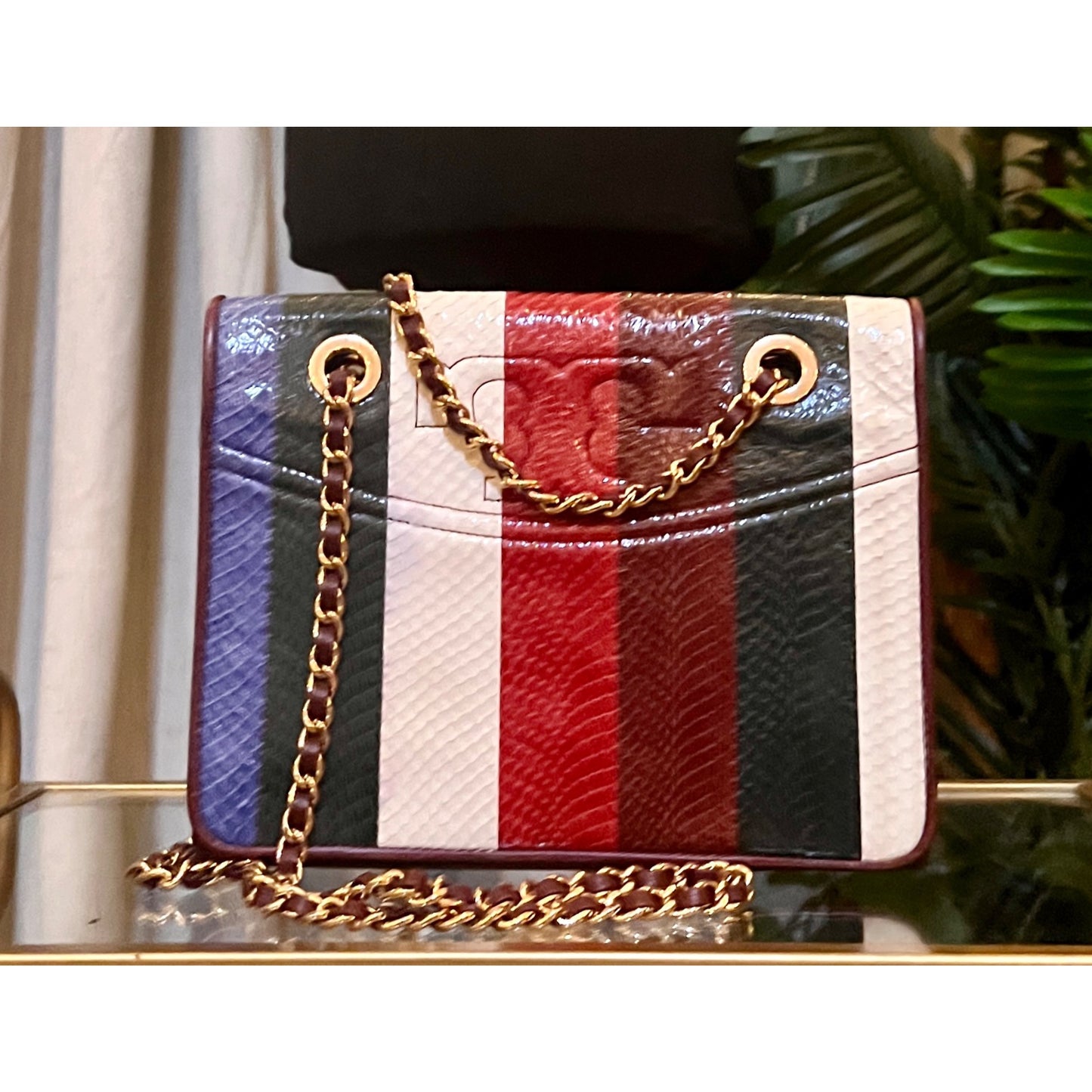 RARE!! Tory Burch Multi-Color Striped Fleming Python Chain Strap Shoulder Bag