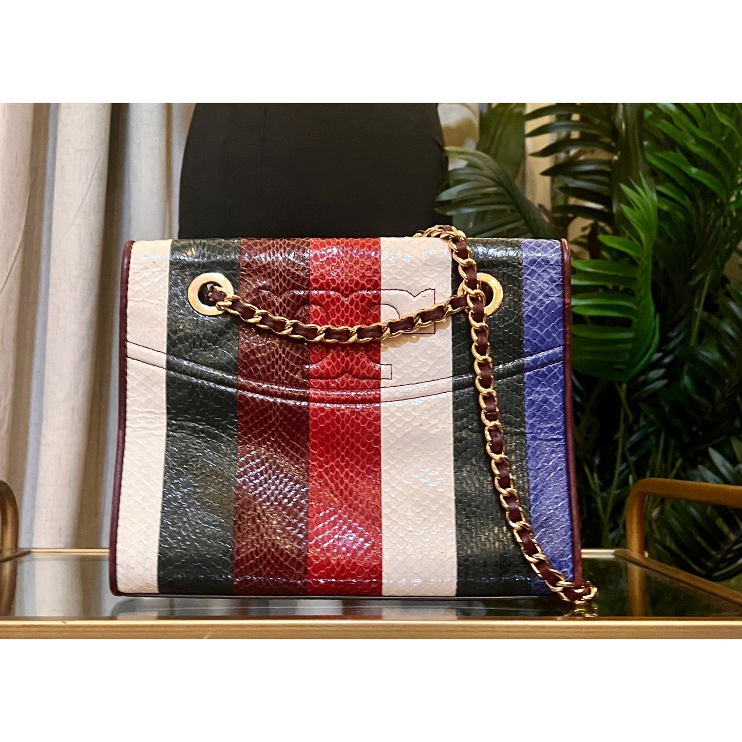 RARE!! Tory Burch Multi-Color Striped Fleming Python Chain Strap Shoulder Bag