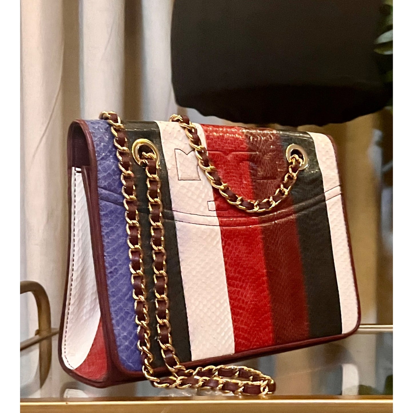 RARE!! Tory Burch Multi-Color Striped Fleming Python Chain Strap Shoulder Bag