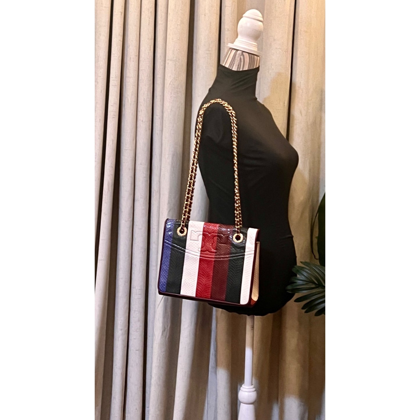 RARE!! Tory Burch Multi-Color Striped Fleming Python Chain Strap Shoulder Bag