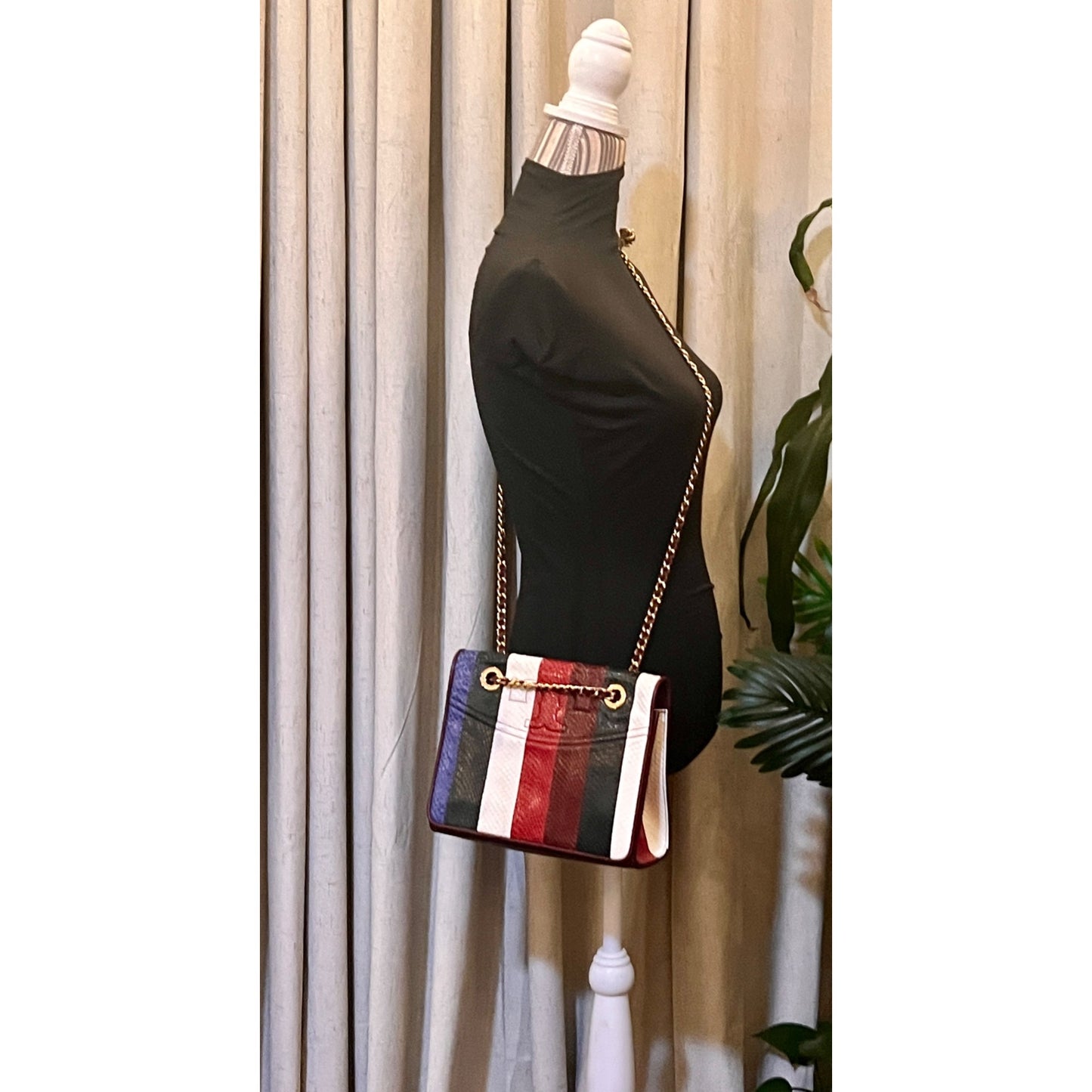 RARE!! Tory Burch Multi-Color Striped Fleming Python Chain Strap Shoulder Bag