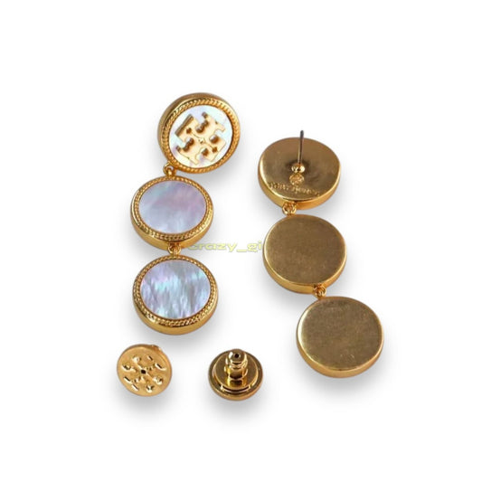 Tory Burch Mother of Pearl Gold Logo Drop Earrings
