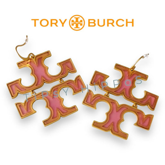 Tory Burch Stunning Pink and Gold Logo Hoop Earrings