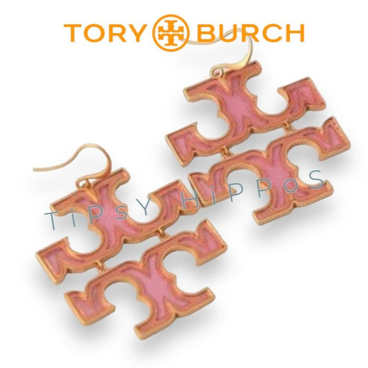 Tory Burch Stunning Pink and Gold Logo Hoop Earrings
