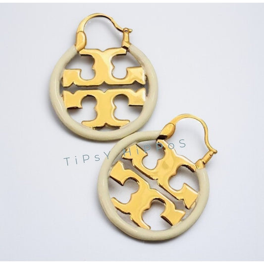 Tory Blue White Enamel and Gold Miller Logo Hoop Earrings