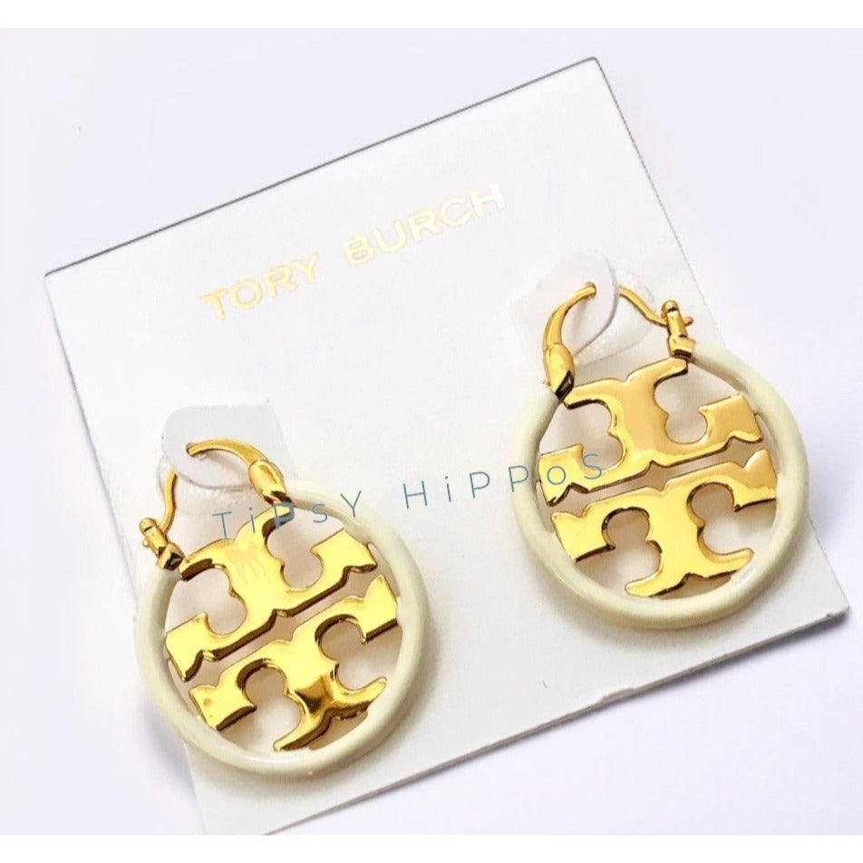 Tory Blue White Enamel and Gold Miller Logo Hoop Earrings