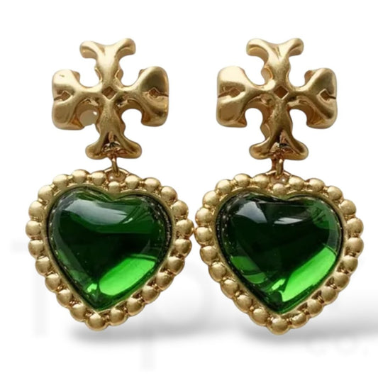 Tory Burch Emerald Green and Gold Roxanne Heart Drop Earrings
