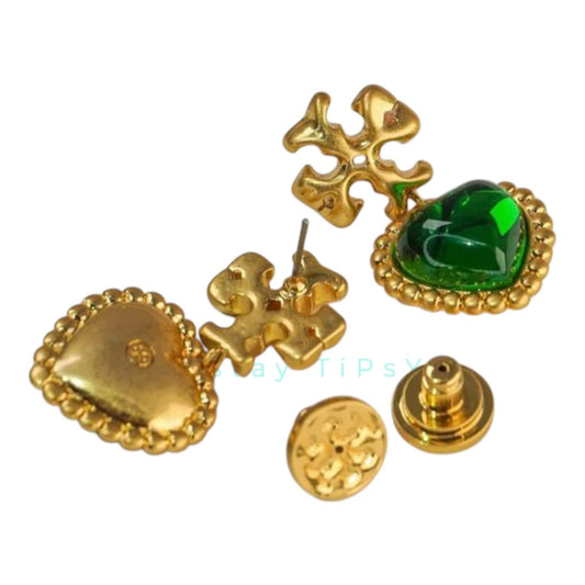 Tory Burch Emerald Green and Gold Roxanne Heart Drop Earrings