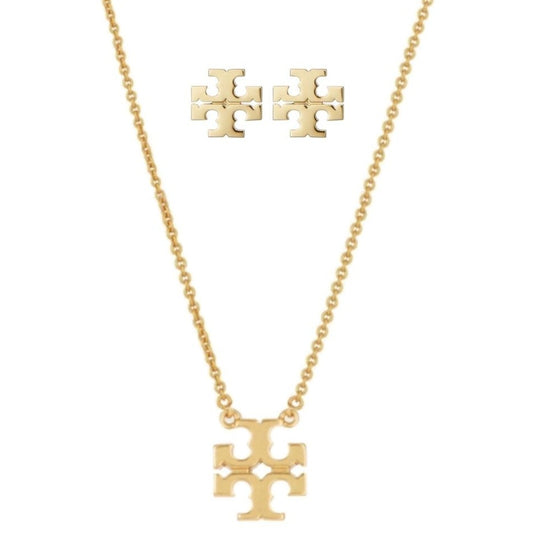 Tory Burch Gold Delicate Kira Pendant Necklace & Stud Earrings Set
