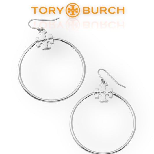 Tory Burch Silver Stacked T Logo Hoop Earrings