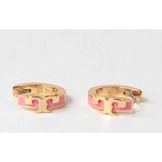 TORY BURCH SERIF T PINK ENAMEL HUGGIE HOOP EARRINGS ✺✺
