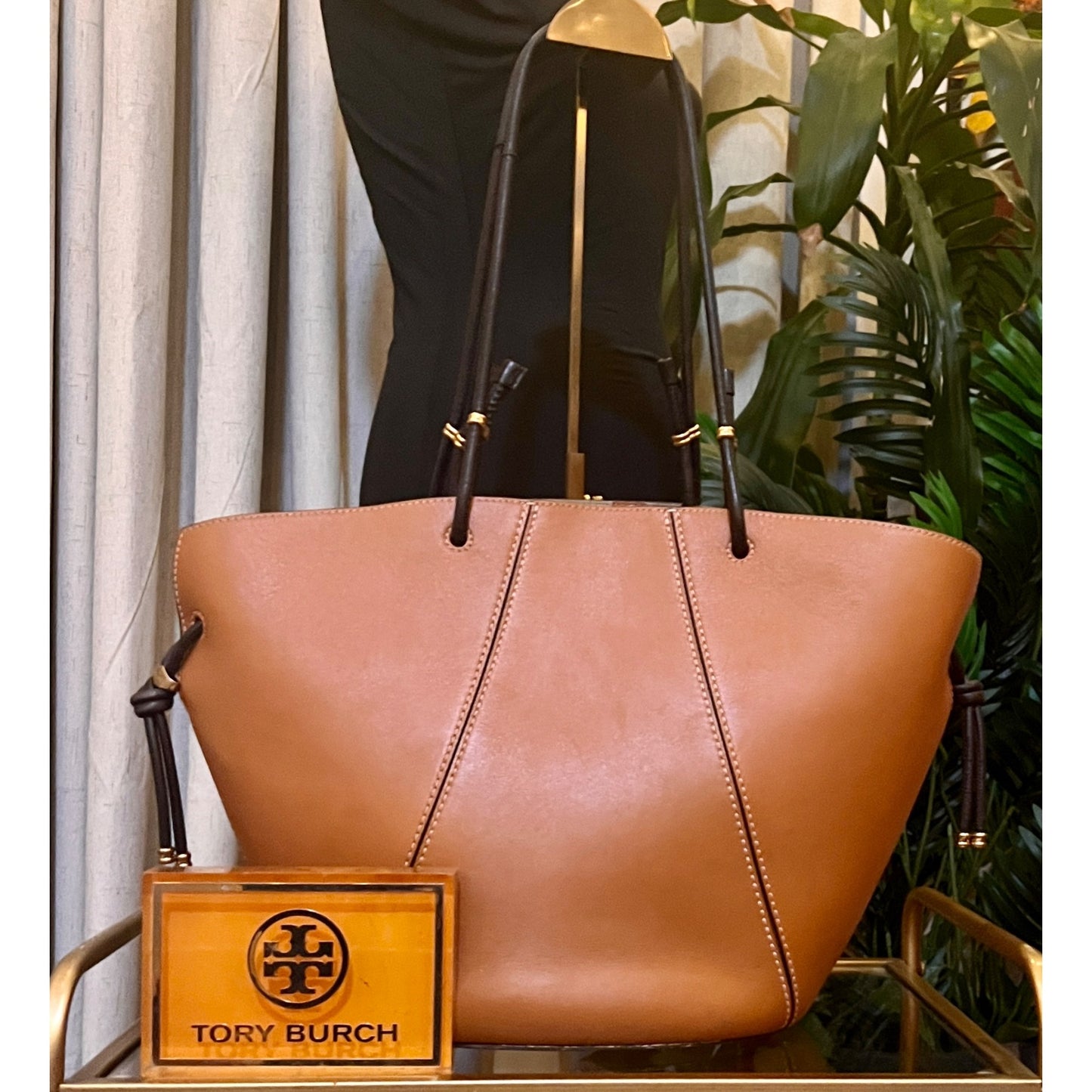Tory Burch Leather Brown Shoulder Tote Bag with Spaghetti Straps