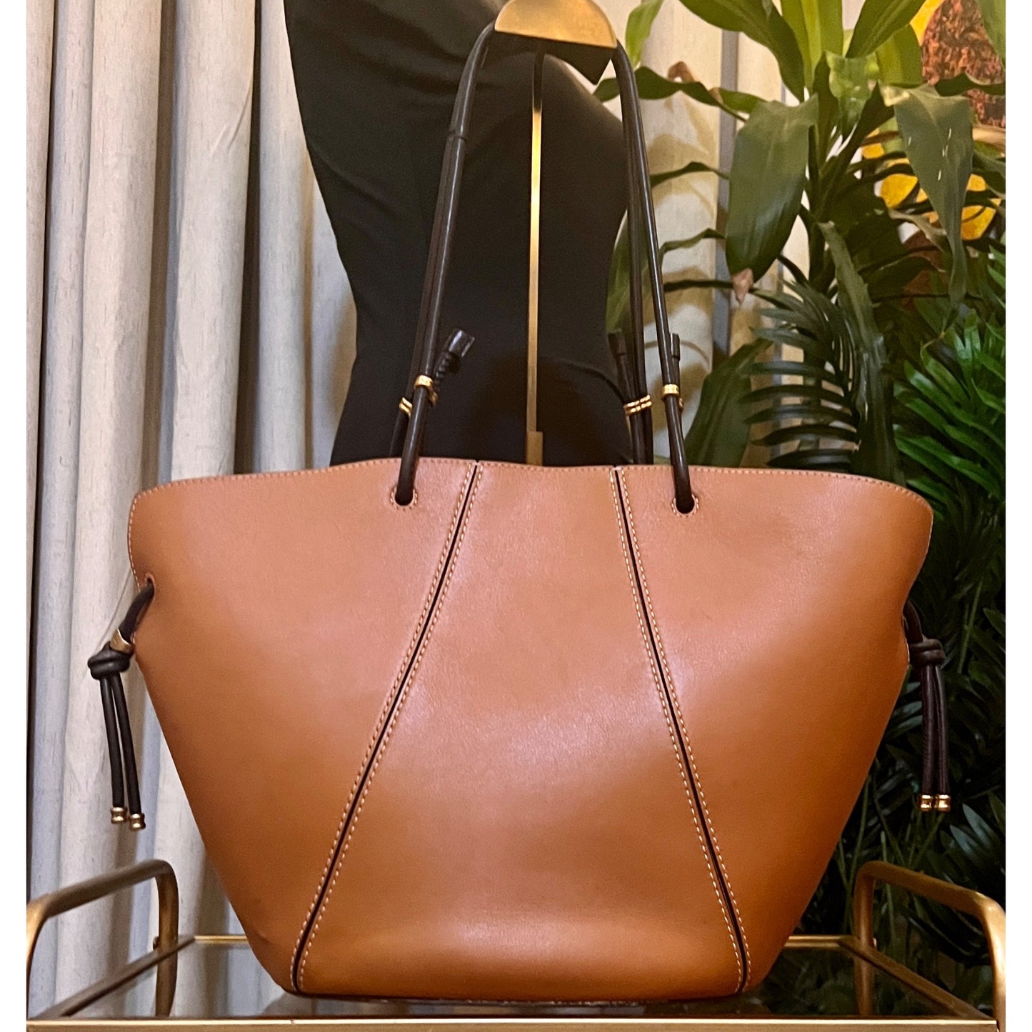 Tory Burch Leather Brown Shoulder Tote Bag with Spaghetti Straps