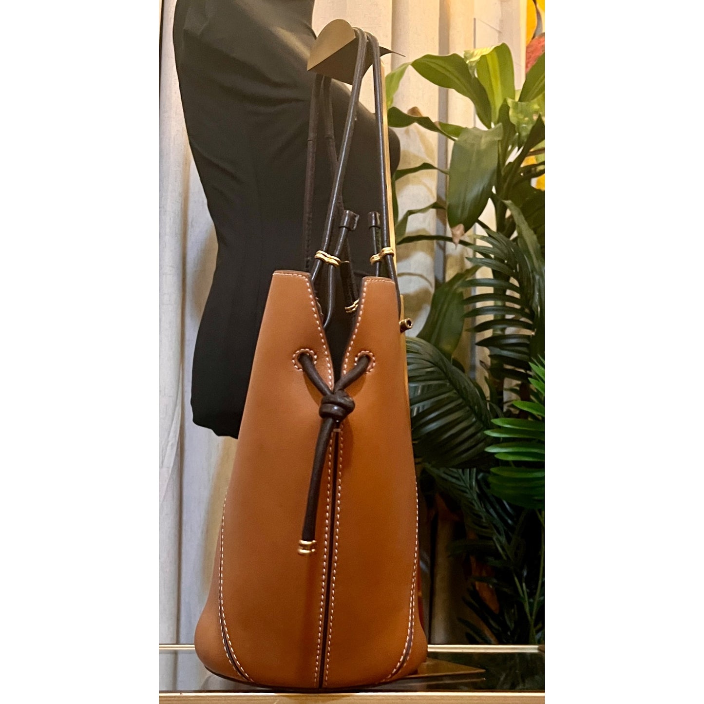 Tory Burch Leather Brown Shoulder Tote Bag with Spaghetti Straps