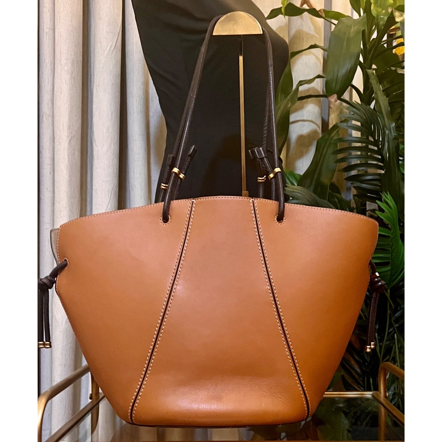 Tory Burch Leather Brown Shoulder Tote Bag with Spaghetti Straps