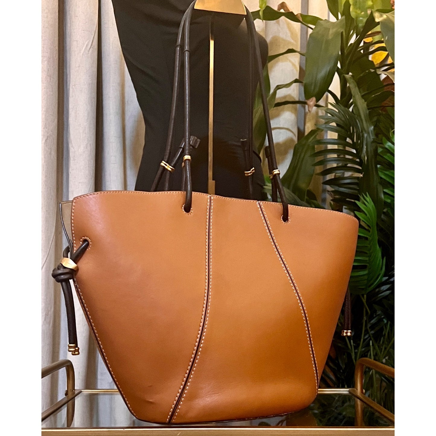 Tory Burch Leather Brown Shoulder Tote Bag with Spaghetti Straps