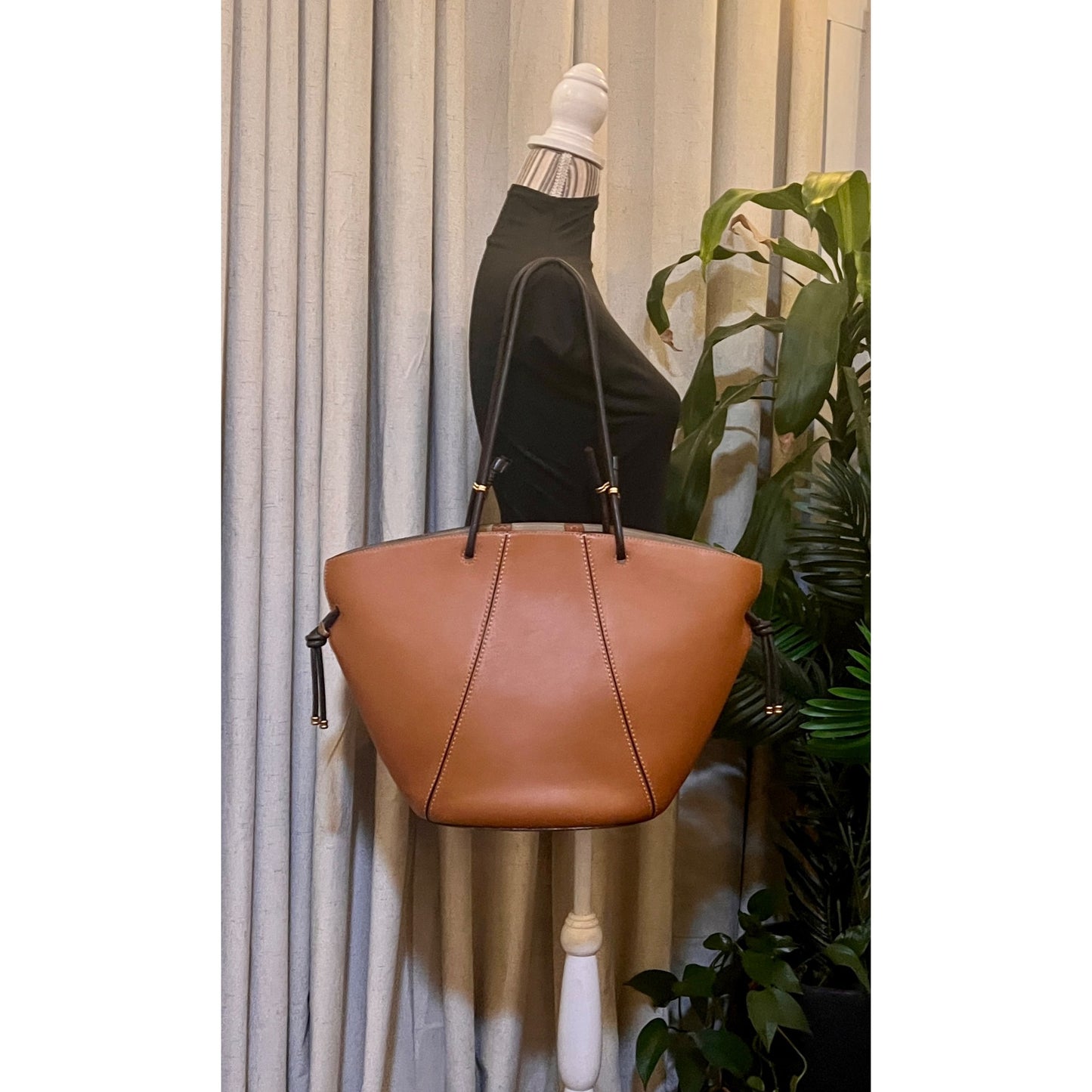 Tory Burch Leather Brown Shoulder Tote Bag with Spaghetti Straps