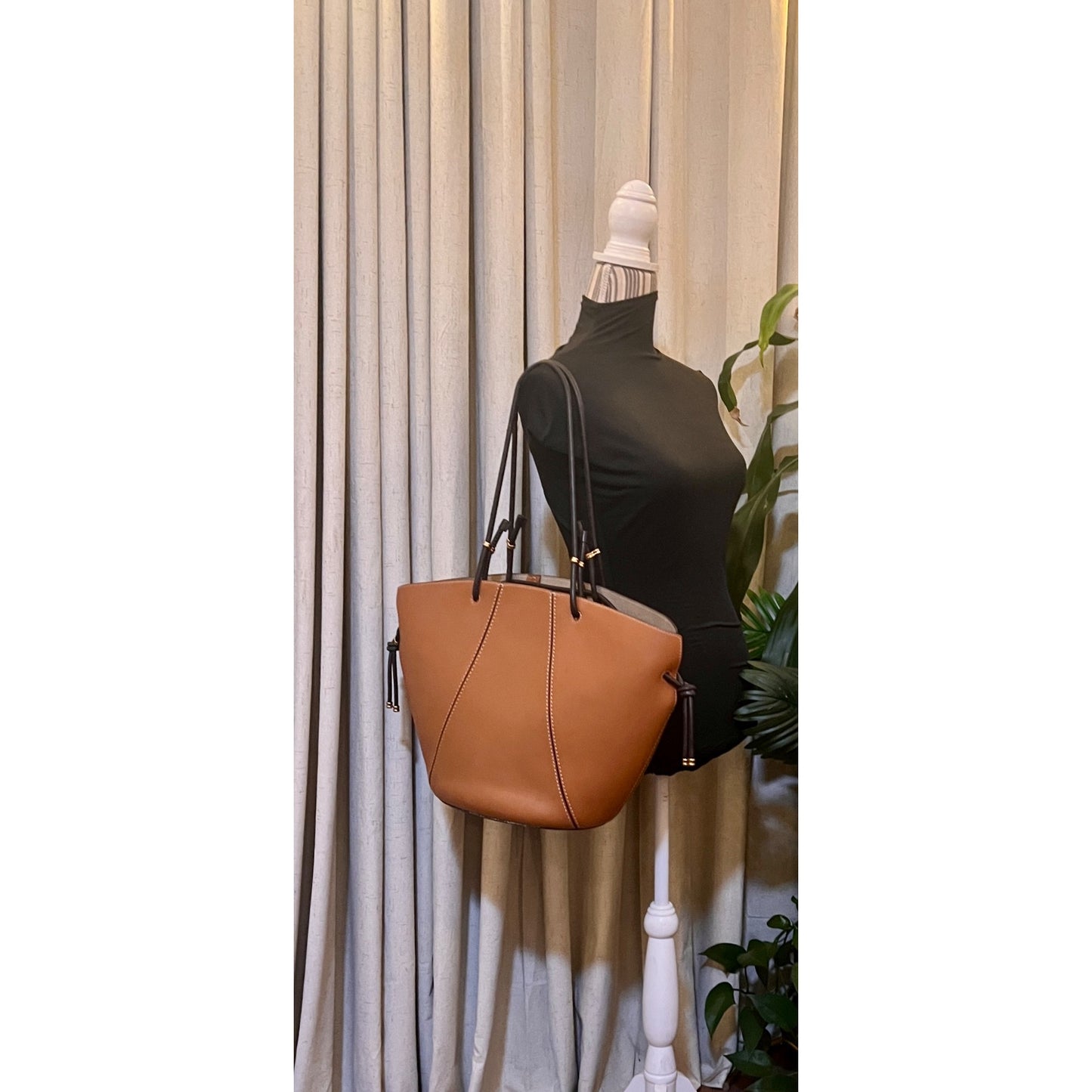 Tory Burch Leather Brown Shoulder Tote Bag with Spaghetti Straps