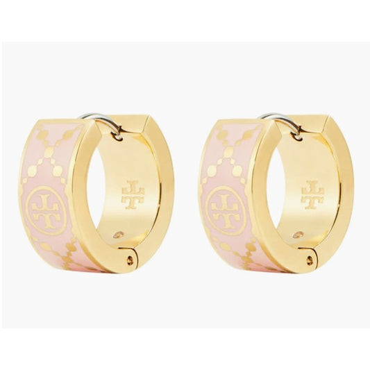 Tory Burch T Monogram Pink Enamel & Gold Plated Logo Huggie Earrings