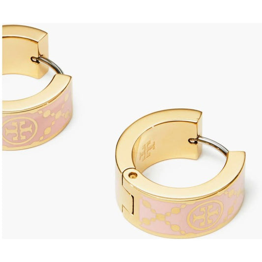 Tory Burch T Monogram Pink Enamel & Gold Plated Logo Huggie Earrings