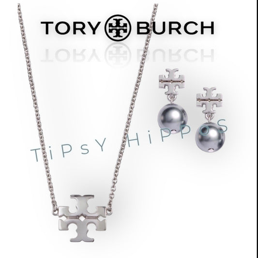 Tory Burch Silver Kira Pendant Necklace and Earring Set