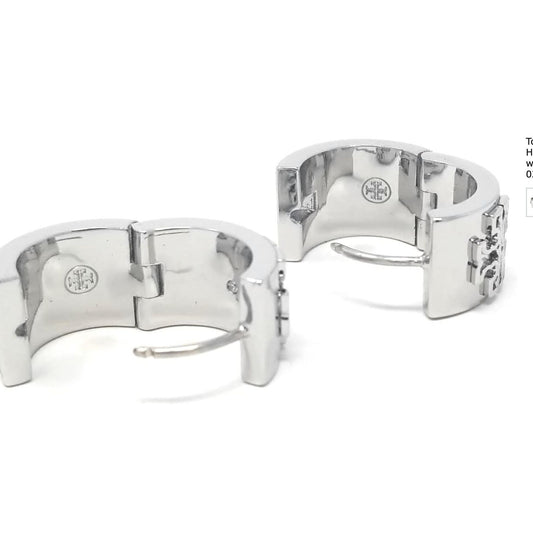 Tory Burch Matte Silver Britten Logo Huggie Hoop Earrings