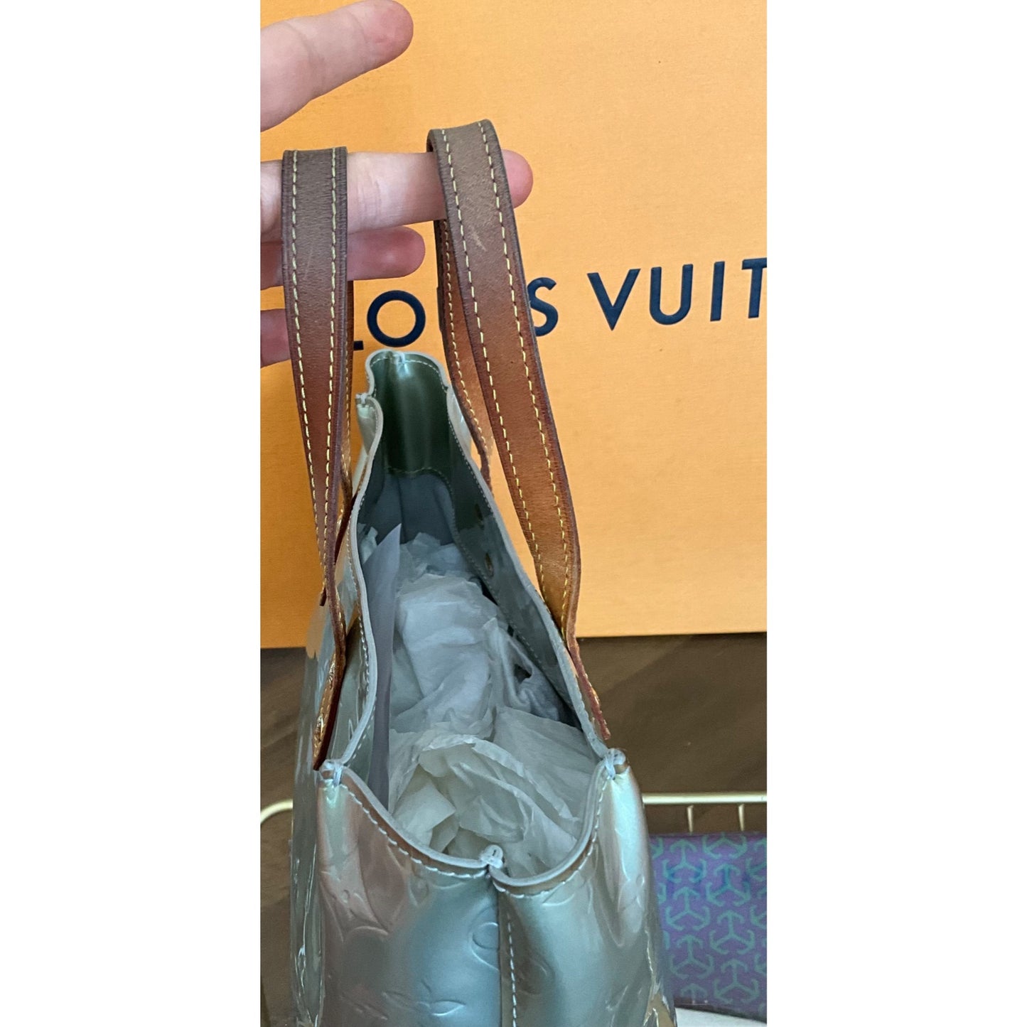 Louis Vuitton Monogram Vernis Bedford Handbag With Leather Handles - Silver & Brown