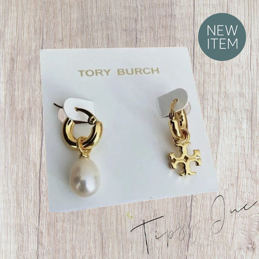 Tory Burch Kira Mismatched Gold Logo and Pearl Earrings
